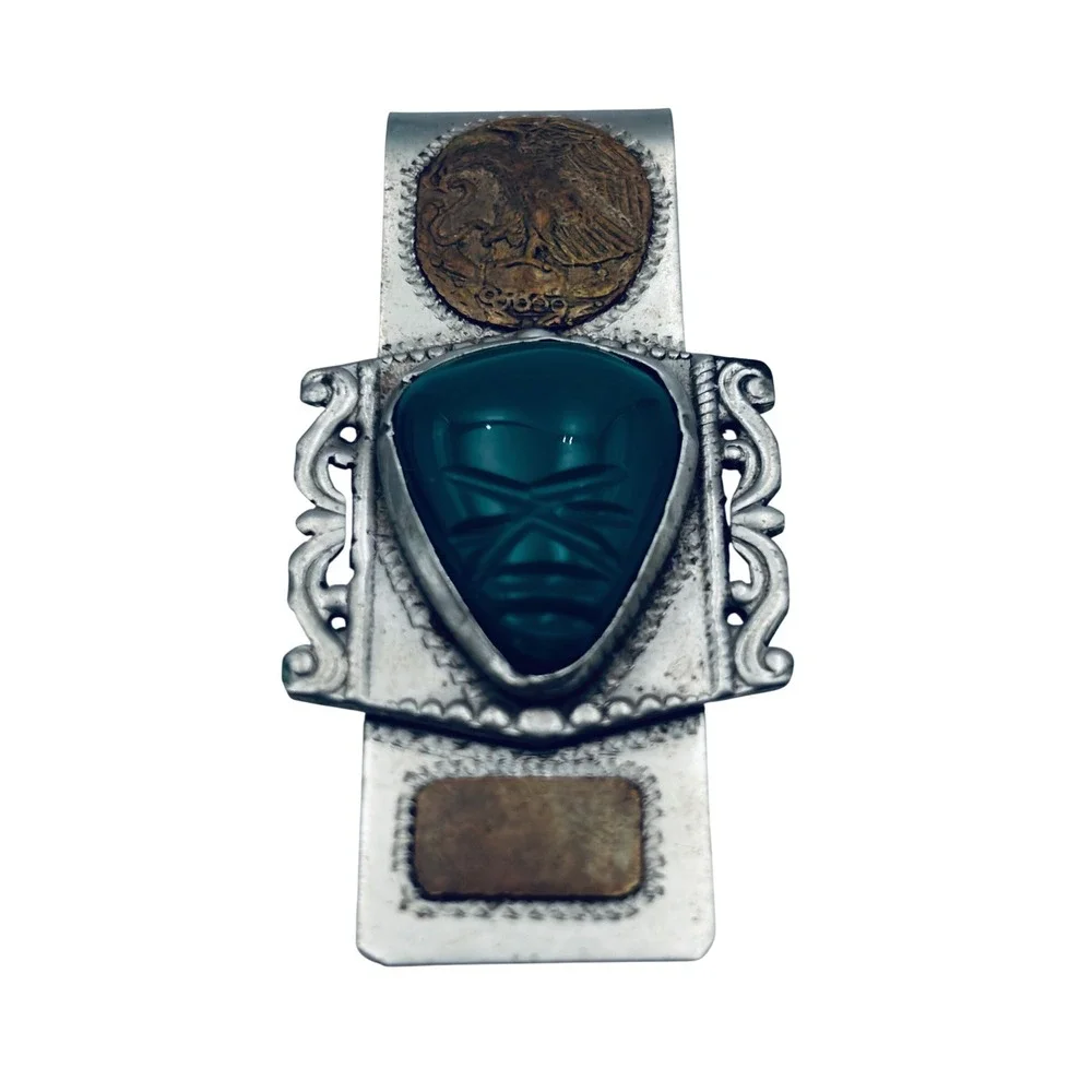 Vintage Taxco Mexico Sterling Silver 925 Carved Green Onyx Mask Money Clip